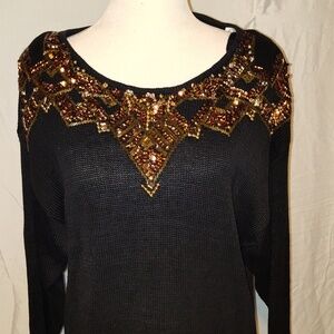 Vintage Trimmings Beaded Sequin Sweater Womens L Rose Gold Long Sleeve Holidays